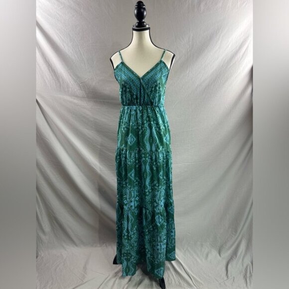 Boho A-Line V Neck Ruffle Hem Dress Green - Picture 5 of 8